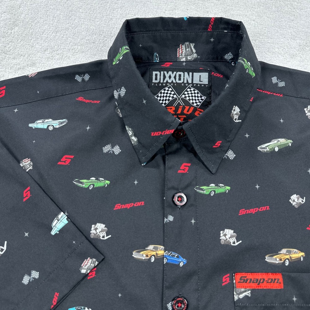 Dixxon Snap-on Men Large Black Muscle Car Racing Short Sleeve Button Down Shirt